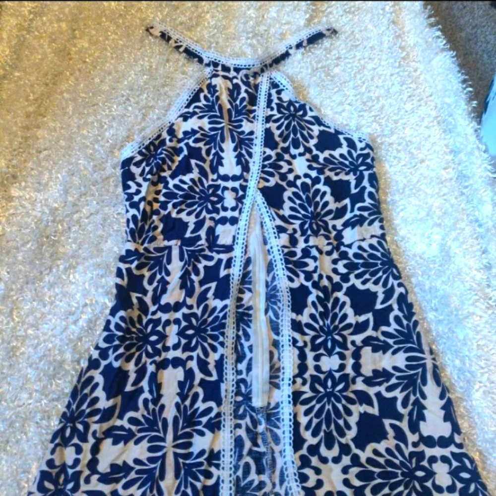 Women's Pantsuit Navy White Floral Dress And Pants Set Two Piece Long Flowy Sz M - Picture 2 of 9
